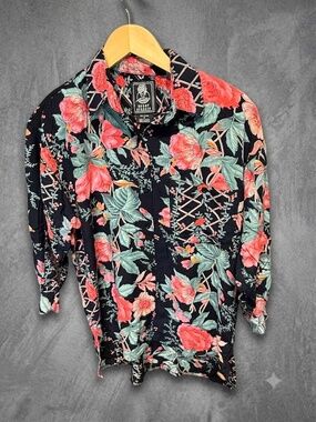 Vintage Short Circuit Floral Rayon Button Up Shirt Small Black Pink Hawaiian 90s